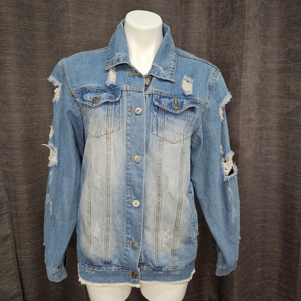 Distressed Denim Jean Jacket Womens Light Wash Ripped‎ Frayed Hem Size Large EUC